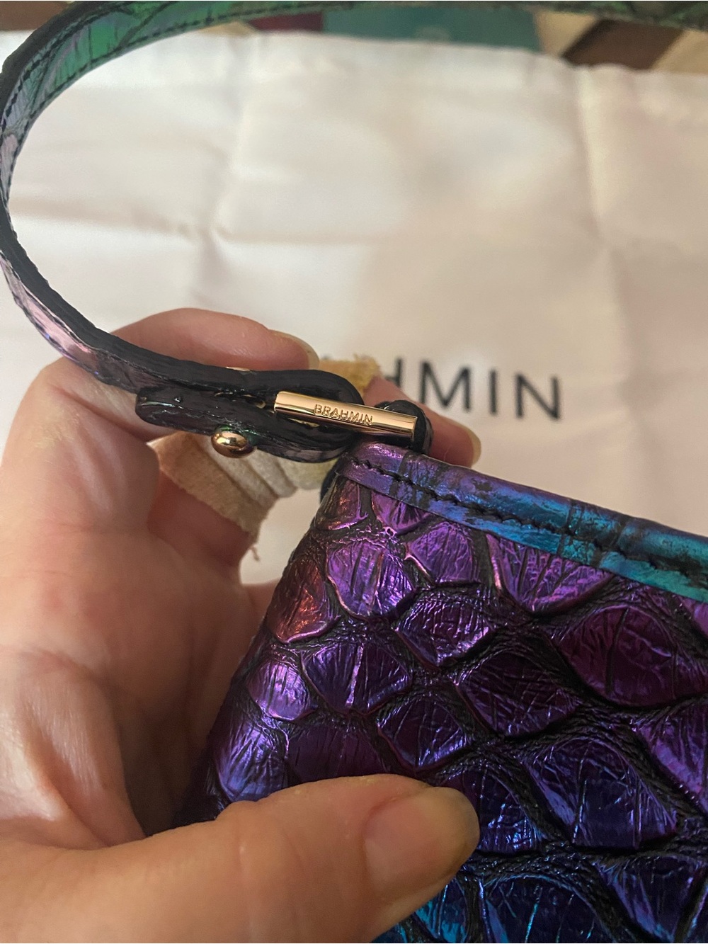 Brahmin Iridescent Embossed Leather Shoulder Bag in Green Blue Purple - Picture 8 of 10